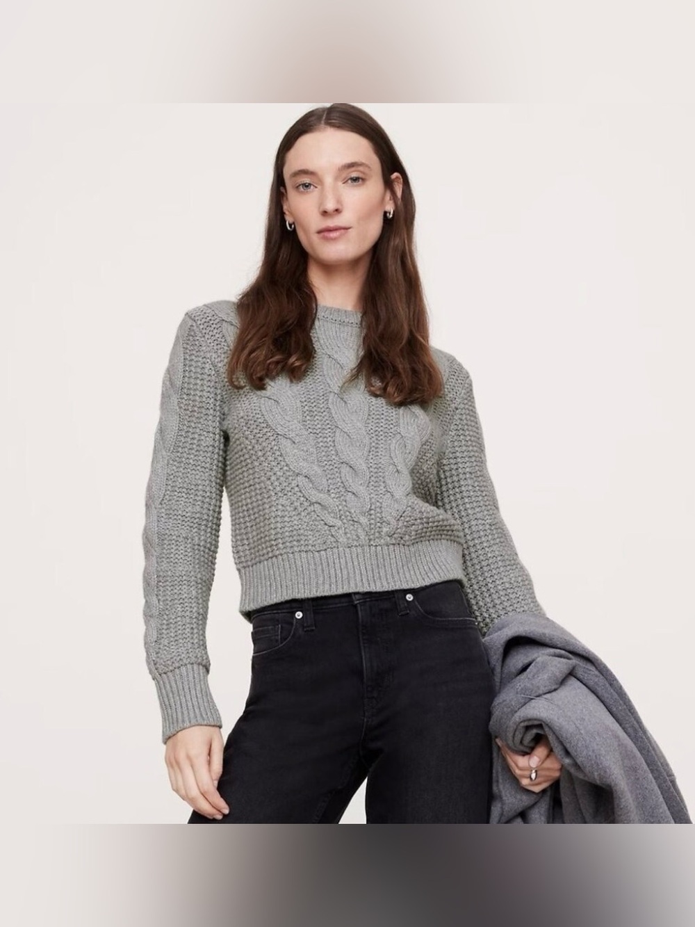 Banana Republic Cotton-Blend Cable- Knit Sweater in Light Heather Gray